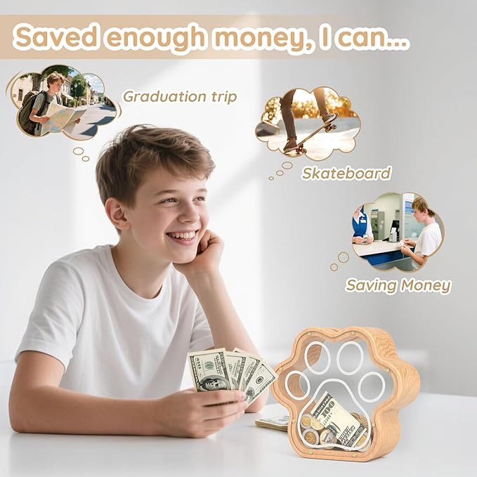 KMC Wooden Cat Caw Piggy Bank, Dog Paw Money Box for Boy Clear Piggy Bank for Girl Small Initial Coin Bank Personalized Gift for Birthday and Festival(Natural)