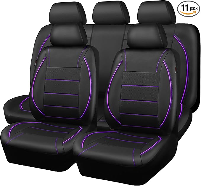 CAR PASS Piping PU Leather Car Seat Cover,Inside Zipper Design and Reserved Opening Holes Airbag Compatible,Universal FIT for Car, SUVs,Van,Trucks,Full Set, Black & Purple