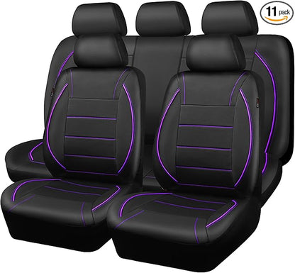 CAR PASS Piping PU Leather Car Seat Cover,Inside Zipper Design and Reserved Opening Holes Airbag Compatible,Universal FIT for Car, SUVs,Van,Trucks,Full Set, Black & Purple