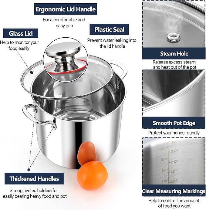 P&P CHEF 12 Quart Stainless Steel Stock Pot