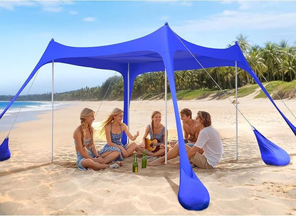 2PM SPORTS Beach Tent Canopy with UPF50+ UV Protection, Outdoor Large Beach Sun Shade Shelter for Family Picnic Camping Travel Shore Fishing, 8 Sandbags, Sand Shovel (Navy Blue, 10x10 FT)