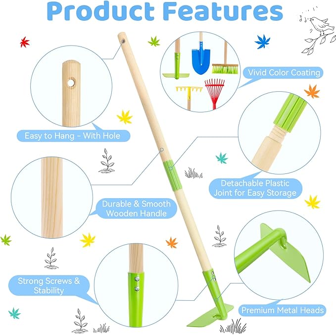 Theefun Kids Garden Tool Set: Safe Toddler Size Hoe, Rake, Shovel, Leaf Rake, Broom 5-Piece Kids Gardening Tools with Wooden Handle and Metal Head for Child Christmas Outdoor Toys Gift for Boys Girls