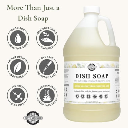 Rustic Strength Natural Dish Soap, Lemon & Eucalyptus, 1 Gallon Plastic | High-Lathering, Concentrated,Plant-Based Formula,Tough Grease Cleaner