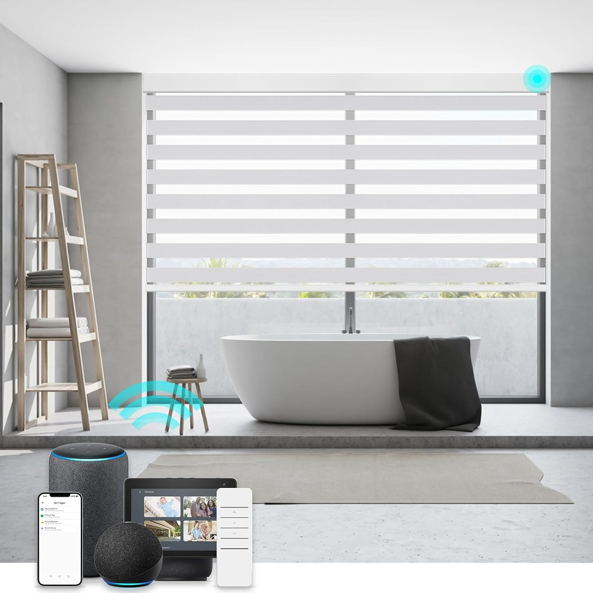 Smart Zebra Blinds Motorized Shades Remote Control for Indoor Windows, Custom Size Electric Solar Panel Power Automatic Compatible with Alexa, Google Home, Apple Homekit, Blackout, Grey
