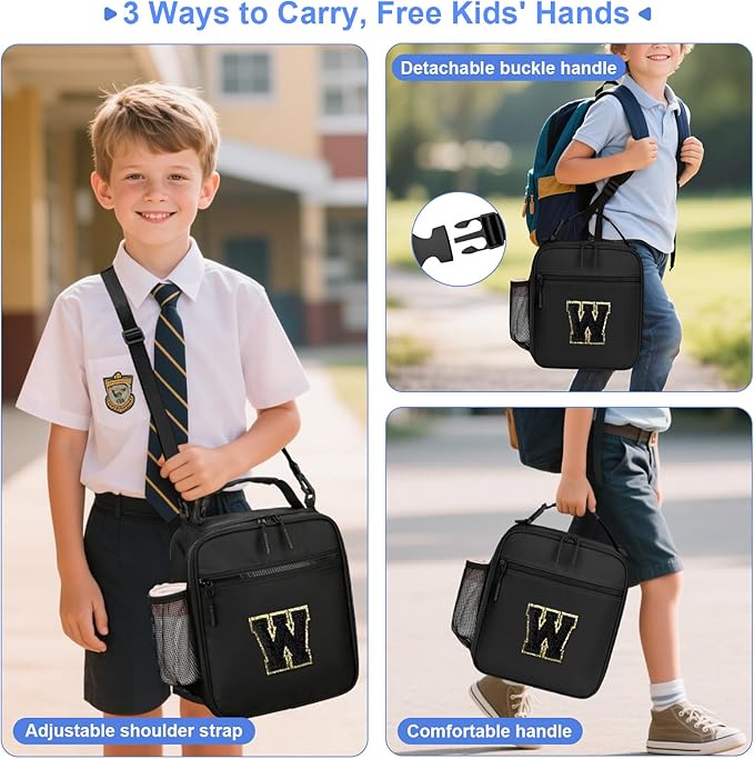 Initial Insulated Lunch Bag for Boys Kids, Back to School Gift, Reusable Leak-proof Lunch Box with Adjustable Strap for School Daycare Travel Picnic（Black，W）