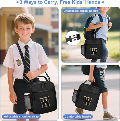 Initial Insulated Lunch Bag for Boys Kids, Back to School Gift, Reusable Leak-proof Lunch Box with Adjustable Strap for School Daycare Travel Picnic（Black，W）