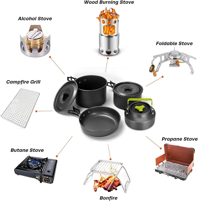 Odoland 29pcs Camping Cookware Mess Kit, Non-Stick Lightweight Pots Pan Kettle, Collapsible Water Container and Bucket, Stainless Steel Cups Plates Forks Knives Spoons for Outdoor Backpacking Picnic