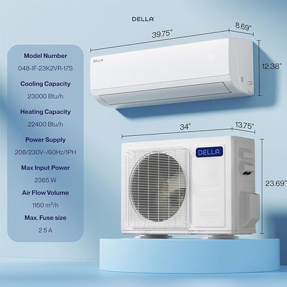 DELLA Econo Series 23000 BTU Mini Split Air Conditioner 17 SEER2, 230V Cools up