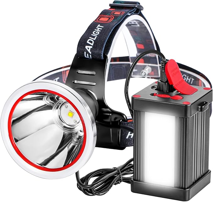 Superbright Bright LED Headlamp Powerful Portable Rechargeable Headlight Flashlight with External Side Light for Camping Biking Hunting Fishing (Yellow Light)