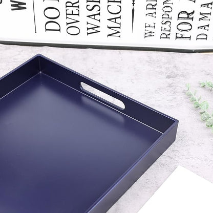 Navy Blue Serving Tray for Coffee Table, Rectangular Plastic Decorative Tray with Handles for Entertaining, Outdoor Patio, Living Room, Ottoman, Bathroom Counter, 11.8”*15.7”*1.6”