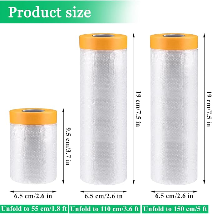 12 Pack Tape and Drape, 3 Sizes Pre-Taped Masking Film Plastic Sheeting Cover Roll, 65.6 Ft/Pack Automotive Painters Masking Tape Film for Furniture, Floor, Skirting