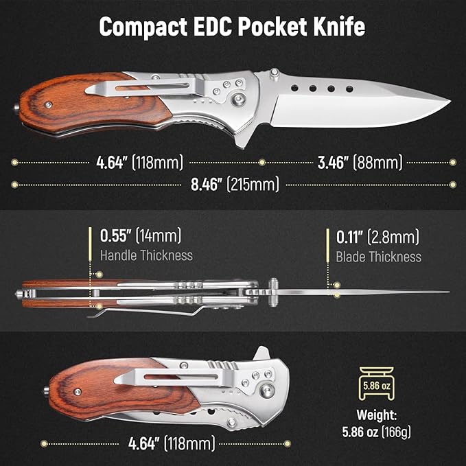 Pocket Knife for Men - 3.46" Sharp Blade Wood Handle Pocket Folding Knives with Clip, Glass Breaker - EDC Knives for Survival Camping Fishing Hiking Hunting Women, Silver