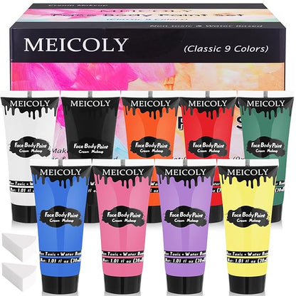 MEICOLY 9 Colors Face Body Paint Set,1.01x9oz/Box,Water Based Washable Face Paint for Adult Kid,Elphaba Green Face Paint,Safe Body Paint for Skin,Red White Blue Face Painting Kit for Halloween Makeup