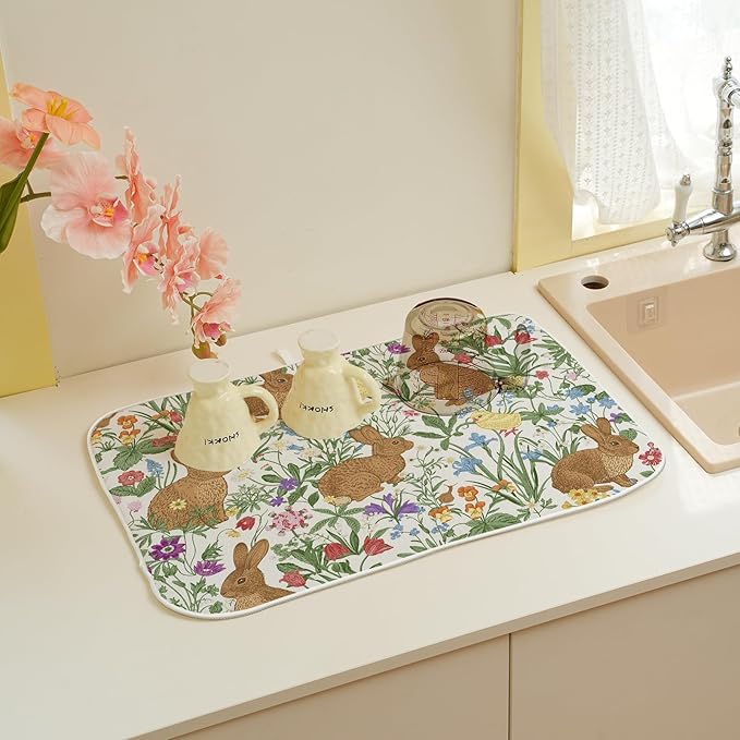 Spring Dish Drying Mat 18x24 Inch Easter Rabbit Bunny Floral Drying Mat Sage