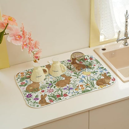 Spring Dish Drying Mat 18x24 Inch Easter Rabbit Bunny Floral Drying Mat Sage