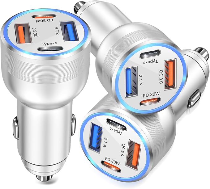 USB C Car Charger, Bangfun 3 Pack 65W 4 Ports 12V USB C Cigarette Lighter Adapter QC 3.0&PD 30W Super Fast Type C Car Phone Charger for iPhone 15/14/13/11/iPad Pro,Samsung,Android(Silver)