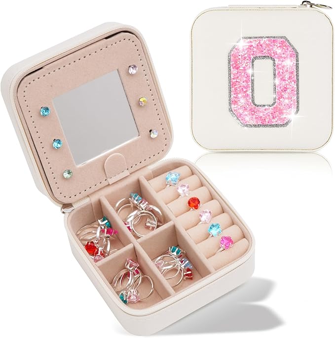 Personalized Jewelry Case for Women Girls - Fashion Mini Jewelry Boxes - Trendy Travel Jewelry Organizer with Initials Letter - Teen Gifts | Cream,O