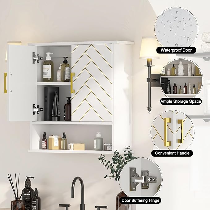 White Chevron Pattern Bathroom Wall Mount Cabinet, Stylish Hanging Medicine