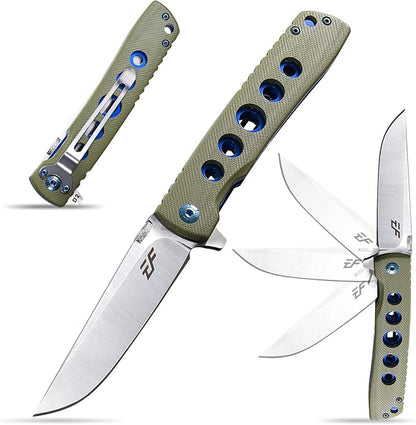 Eafengrow EF27 Folding knife, D2 Steel Blade Everyday Carry, Flipper Open, Liner Lock, G10 Handle Pocket Knifes with Clip for Camping Hiking(Green)