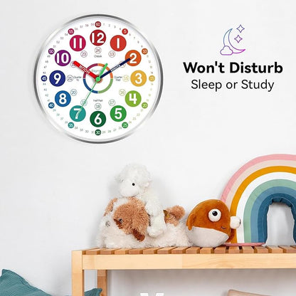 Wall Clock for Kids Learning - Teaching Time Wall Clocks Battery Operated Silent Non Ticking - Analog Colorful Clock Decorative for Kids Room Classroom School(14 Inch&Silver)