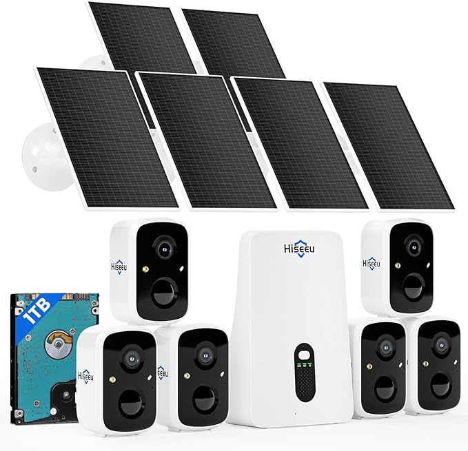 Hiseeu Solar Security Cameras Wireless Outdoor System, 6 Cam-Kit, Expandable to