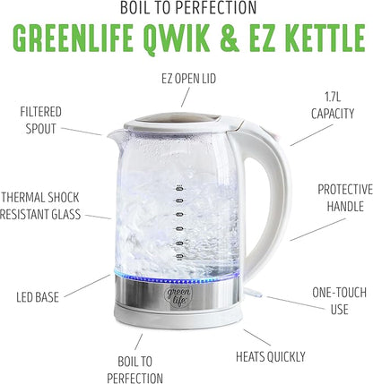 GreenLife 1.7 Liter Glass Electric Kettle, Easy One Touch Use, Quick Heating