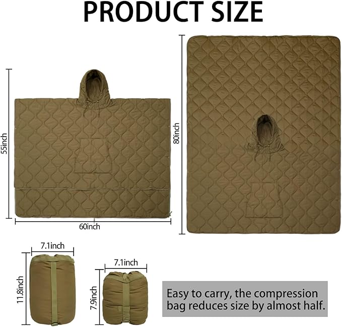 Poncho Liner Hoodie with Pocket Insulated Military Sleeping Bag Waterproof for Outdoor Camping Travel Survival Hunting Car Emergency