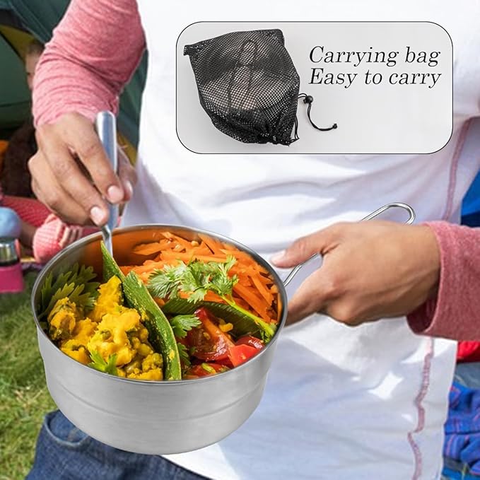 DOERDO Stainless Steel Camping Cook Pot with Lid and Folding Handle, 1.5L Camping Cookware Large Capacity Bento Pot for Outdoor Hiking Picnic