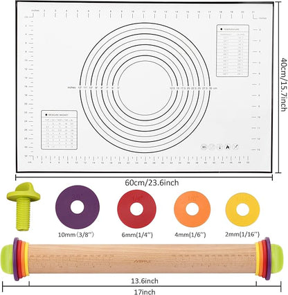 Rolling Pin with Thickness Rings and Pastry Baking Mat, 13.6" Adjustable Wooden