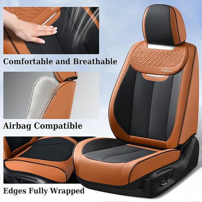Coverado Car Seat Covers Full Set, Breathable Nappa Leather Seat Covers for Cars, Automotive Seat Covers, Waterproof Front and Back Car Seat Protector Universal Fit Most Cars(Brown&Black)