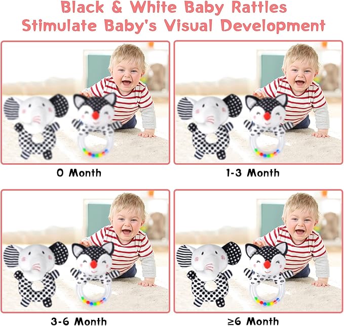 Baby Rattles 0-6 Months Newborn Toys Infant Toys 0-6 Months Rattles for Babies 0-6 Months Baby Toys 0-6 Months, Black and White High Contrast Baby Toys for 0 3 6 9 12 Months (Baby Rattles)