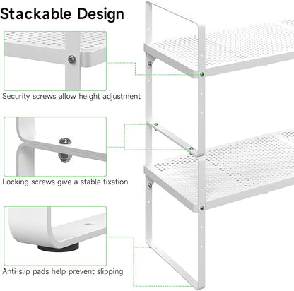 Expandable Cabinet Storage Shelf Stackable Organizer Rack for Kitchen Bathroom Pantry Spice Cupboard Coffee Countertop Home Office Desk Heavy Duty Nonslip White Small 2 Packs
