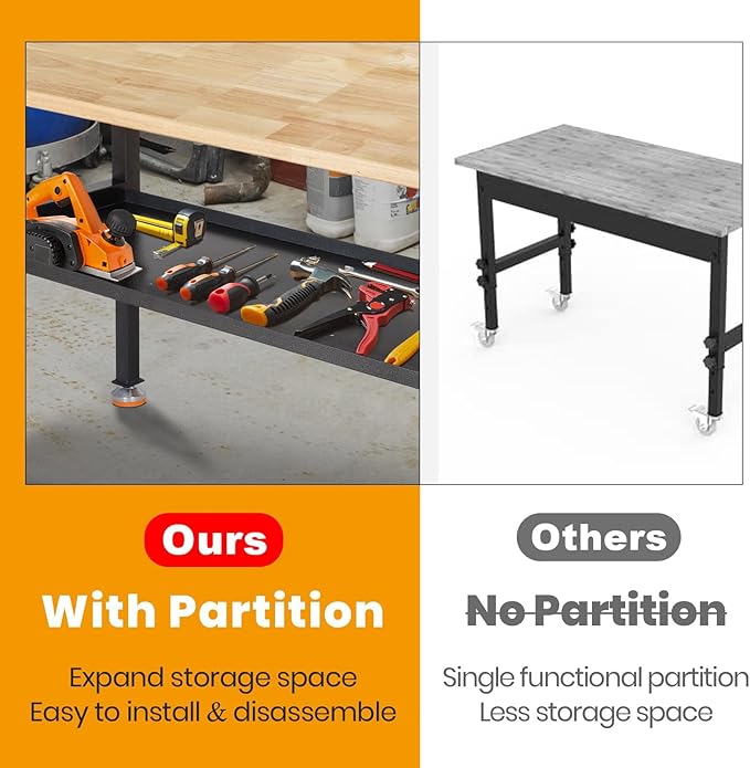 48"/60'' Adjustable Workbench, Rubber Wood Work Bench Heavy-Duty with Partition,2000 LBS Load Capacity Hardwood Work Table for Garage, Workshop, Home, Office, Easy Assembly (w/partition,48'')