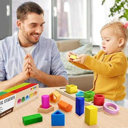 PEBIRA Montessori Toys for 1 2 3 Year Old Boys Girls Toddlers, Heightened Peg-Free Wooden Stacking Toys, Shape Sorter Learning Toy, Birthday Gift for Baby Kid Age 1-4 Preschool Toy, Various Game Play