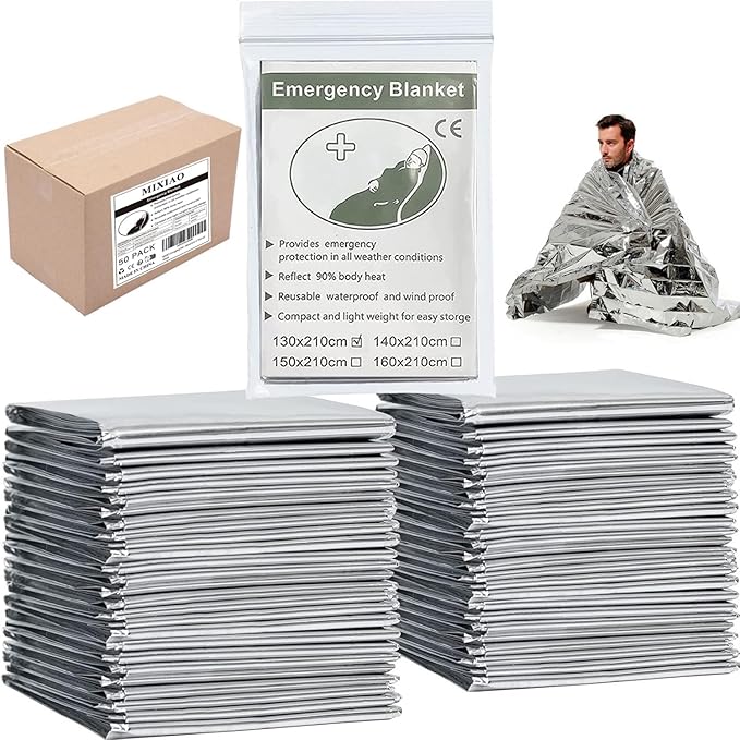 Emergency Foil Blanket (Pack of 50), Survival Thermal Mylar Blankets Individually Packaged Perfect for Outdoors, Hiking, Survival, Marathons or First Aid