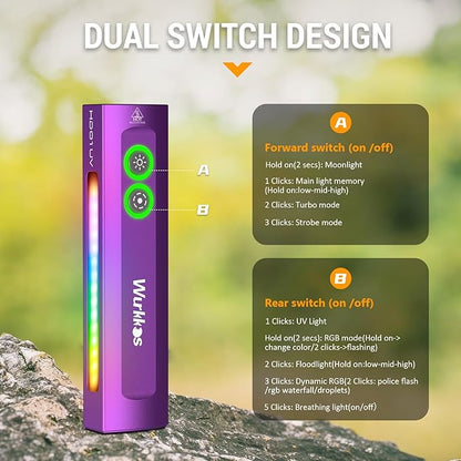 Wurkkos HD01 UV Flashlight, Rechargeable EDC Flashlight, Led Flashlight with 365nm UV Light, 1200 Lumens Flat Flashlight with RGB, Pocket Light for Emergency, Pet Urine Detection(Purple)