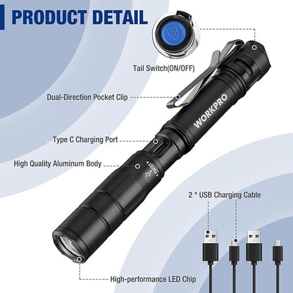 WORKPRO Rechargeable Pen Light, Mini Flashlight, 2 Pack Ultra-Compact EDC Flashlight, Pocket Flashlight with Clip, Memory Function and 2 x USB C Cable Included, Black