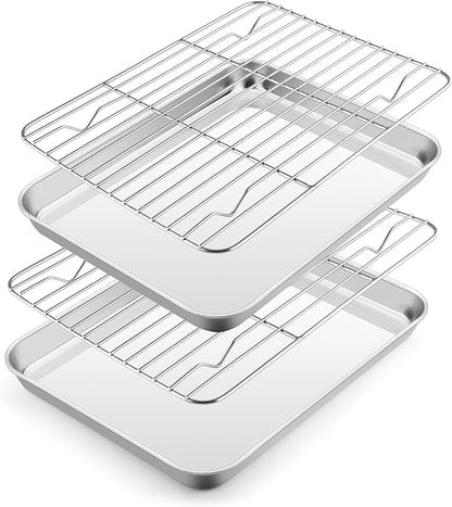 E-far Small Baking Sheet with Wire Rack, Stainless Steel Cookie Sheets Trays &