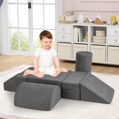 Costzon Toddler Climbing Toys Indoor, 6 Pieces Foam Climbing Blocks for Baby Inside with Skin-Friendly Chenille Fabric, 30D High-Density Foam & Carrying Handles, Soft Play Climbing for Toddlers (Gray)