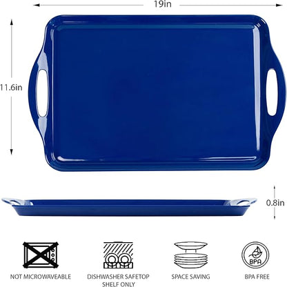 Extra Large Blue Serving Tray with Handles, 19''x11.6'' Melamine Platters, Rectangular Trays for Serving Food, Turkey, Cookie, Cupcakes, Desserts, Dishwasher Safe, BPA-Free, Set of 2