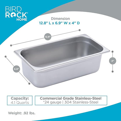 BIRDROCK HOME Stainless Steel Steam Table Pan - Hotel, Restaurant & Catering Supplies - 24 Gauge Steel, 4.1 qt Capacity - Meal Prep, Cooking, &Food Storage Container - 4" Depth, 1/3-Size (6 Pack)