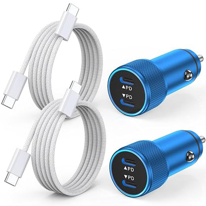 iPhone Car Charger Fast Charging,iPhone 16 Car Charger 2PACK Dual USB C PD3.0 Port CarCharging Adapter and USB C to C Braided Nylon Charging Cable Compatible with iPhone 16/16 Pro Max/15/iPad（Blue）
