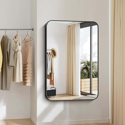Bathroom Mirror, 48x36 inch Black Rectangle Wall Mirror, Metal Frame Rounded
