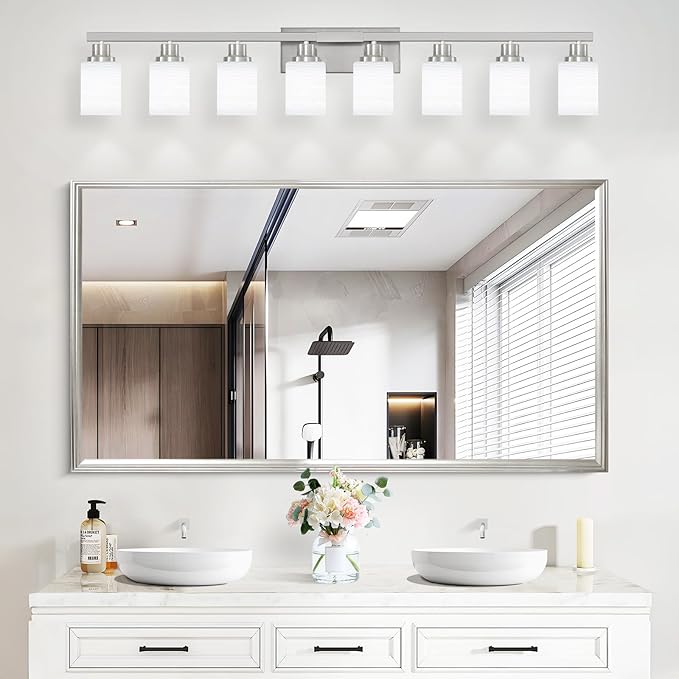 DIKAIDA 8-Light Bathroom Light Fixtures, 52inch Nickel Vanity Light