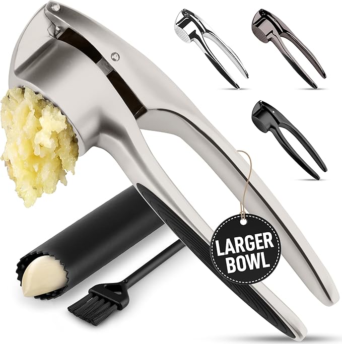 Zulay Kitchen Large Premium Garlic Press Set – Rust Proof & Dishwasher Safe, Bigger Bowl Garlic Mincer Tool with Silicone Garlic Peeler & Brush, Easy Squeeze & Clean, Ergonomic Handle - Silver