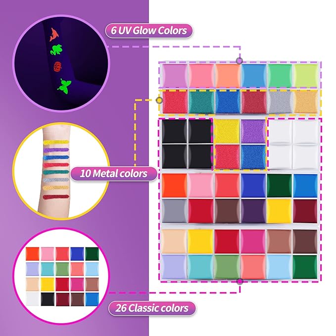VESPRO Professional Face Body Paint Kit,42 Colors Oil Face&Body Paint Kit (26 Classic Colors+10 Metal Colors +6 UV Glow Colors) with 10 Size Brushes 4PCS Reusable Large Face Stencils and 4PCS Small Paint Stencils for Kids’ and Adults’ Halloween Makeup