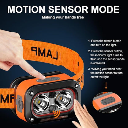 Headlamp Rechargeable, Lightweight LED Head Lamp, Motion Sensor Head Flashlight, Super Bright Waterproof Head Light for Camping, Running, Hiking, Hunting, Fishing, Reading, Working
