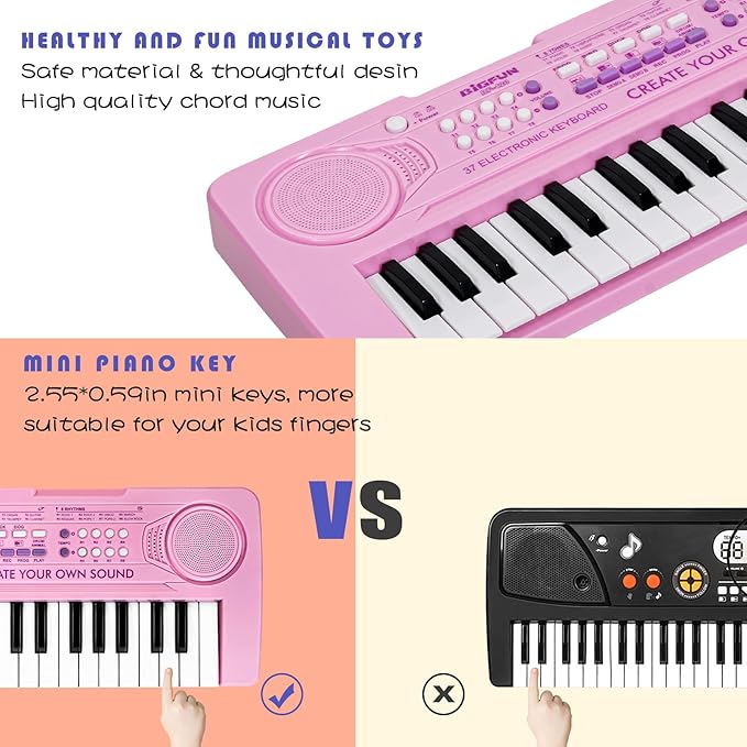 Raimy 37 Keys Keyboard Piano for Kids, Portable Keyboard Piano Early Learning Educational Electronic Musical Instrument Toys Gifts for 3 4 5 6 7 8 9 Year Old Boys and Girls (Pink)