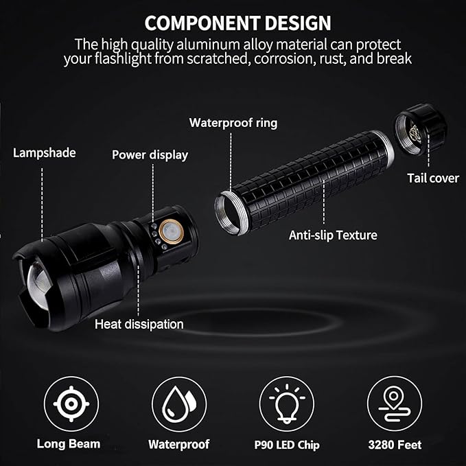 LBE Rechargeable Brightest LED Flashlight, 90,000 High Lumens Super Bright Powerful Flashlight with 5 Modes, IPX7 Waterproof Handheld Large Flash Light for Emergencies Camping