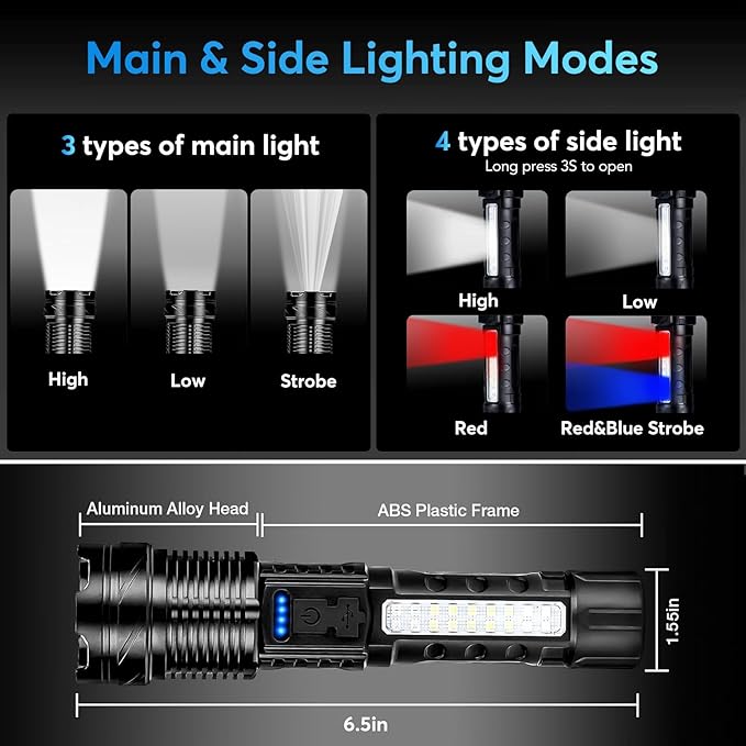 JIJ Flashlight 3 Pack, Rechargeable Flashlights High Lumens, 7 Modes LED Flashlight with IP67 Waterproof, Adjustable Handheld Tactical Flashlight for Camping, Home Emergency, Outdoor
